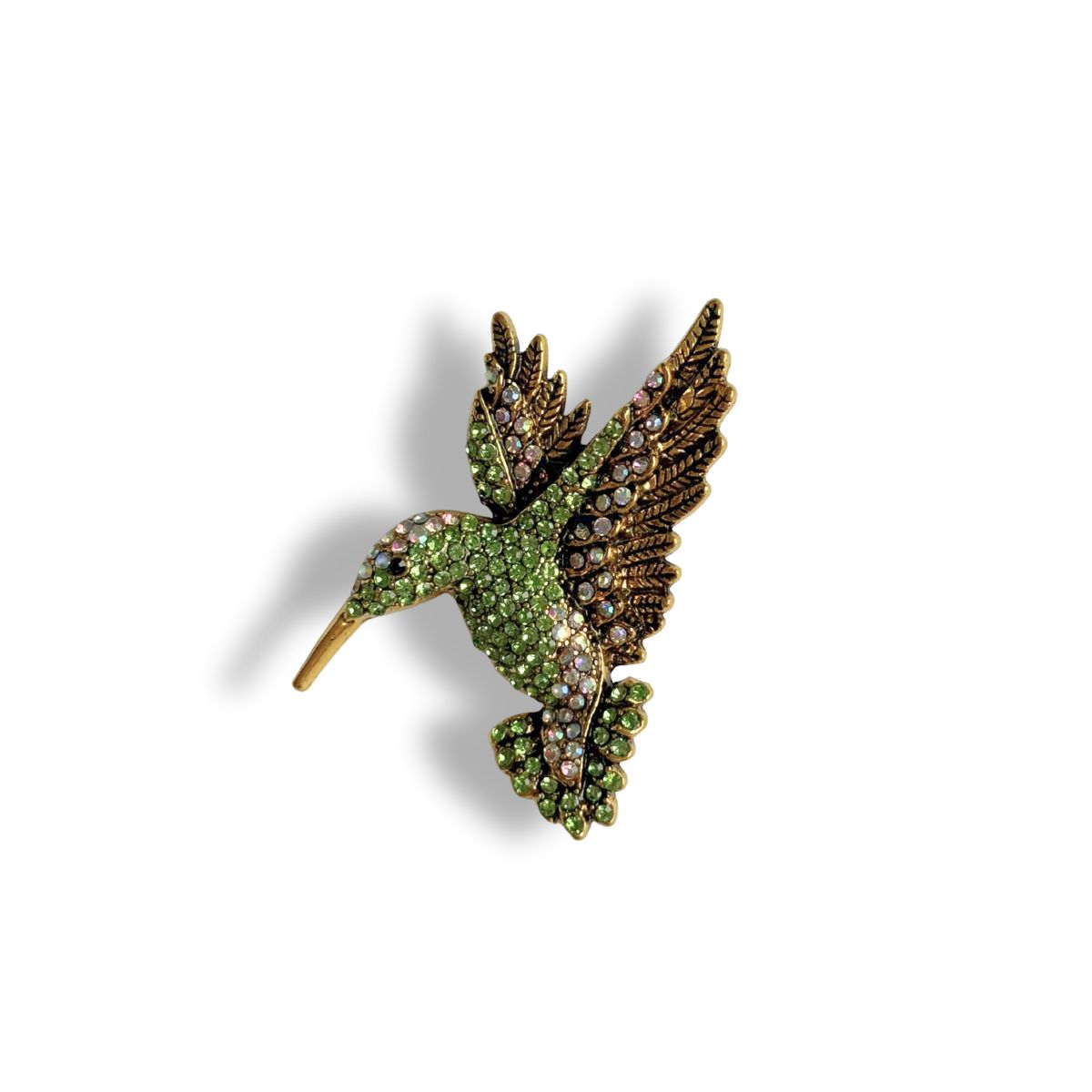Kolibrie vogel broche goud groen diamant glas steen